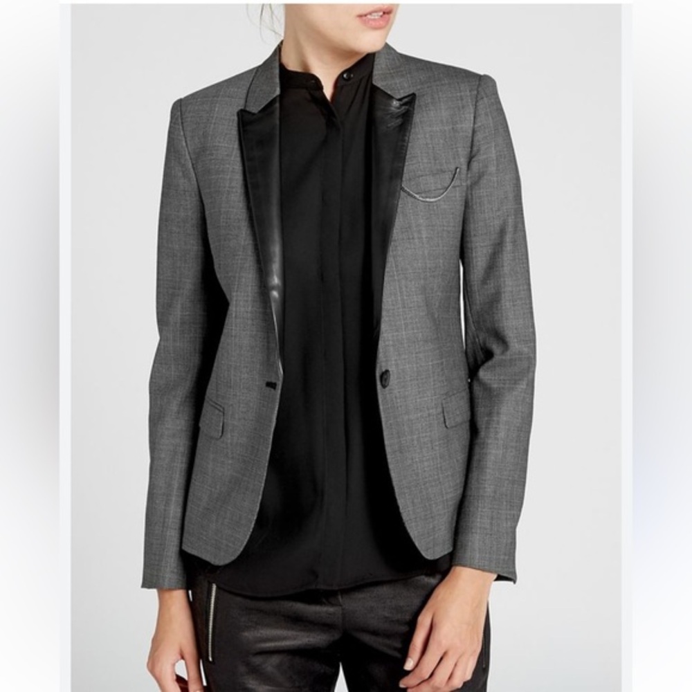 The Kooples Jacket - Leather Trim Prince of Wales Check Blazer Sz 36/ US 2-4
